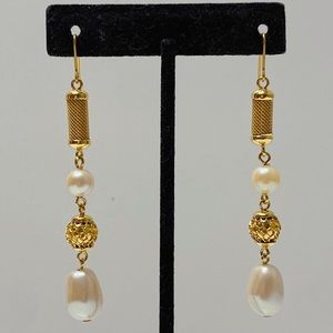 Monet Gold Faux Pearl Long Vintage Drop Earrings